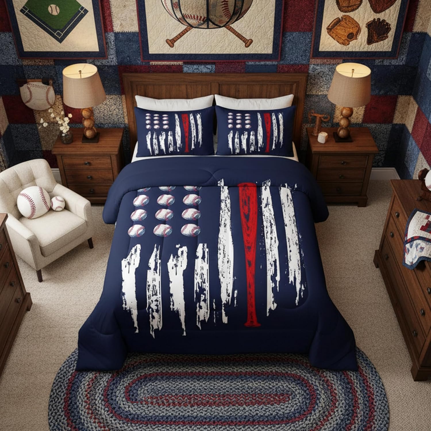 Castle Fairy Kids Baseball Gaming Comforter Set Queen Size Navy Blue Coverlet Set for Boys Girls Teens Bedroom Decor Abstract Stripes Comforter Women Men Ball Games Quilt Set with 2 Pillowcases