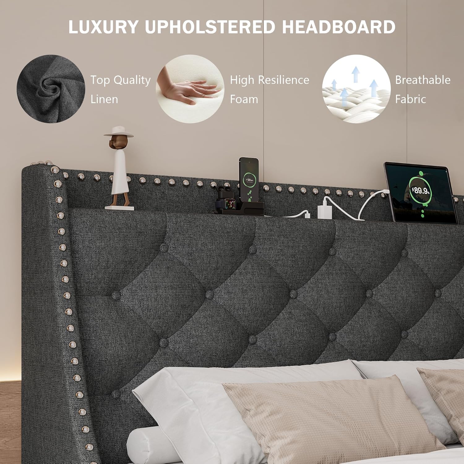GalnFu King Bed Frame with 16" Wingback Button Tufted Storage Headboard, Upholstered Platform Bed with Charging Station, Sturdy Wood Slats Support, No Box Spring Needed, Easy Assembly, Dark Grey