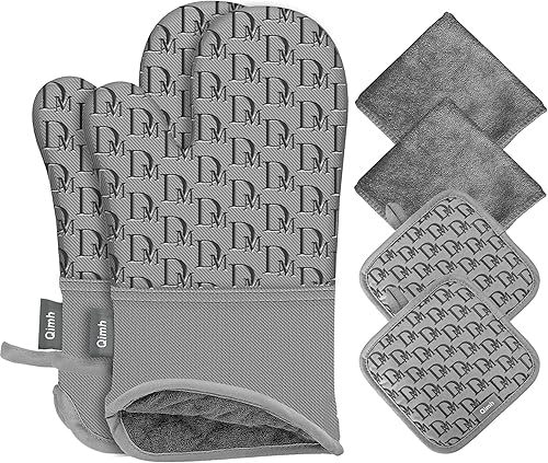 Qimh Guantes de horno y soportes para ollas, juego de 6 guantes de cocina con toallas, resistentes al calor, 500 , extra largos, antideslizantes,