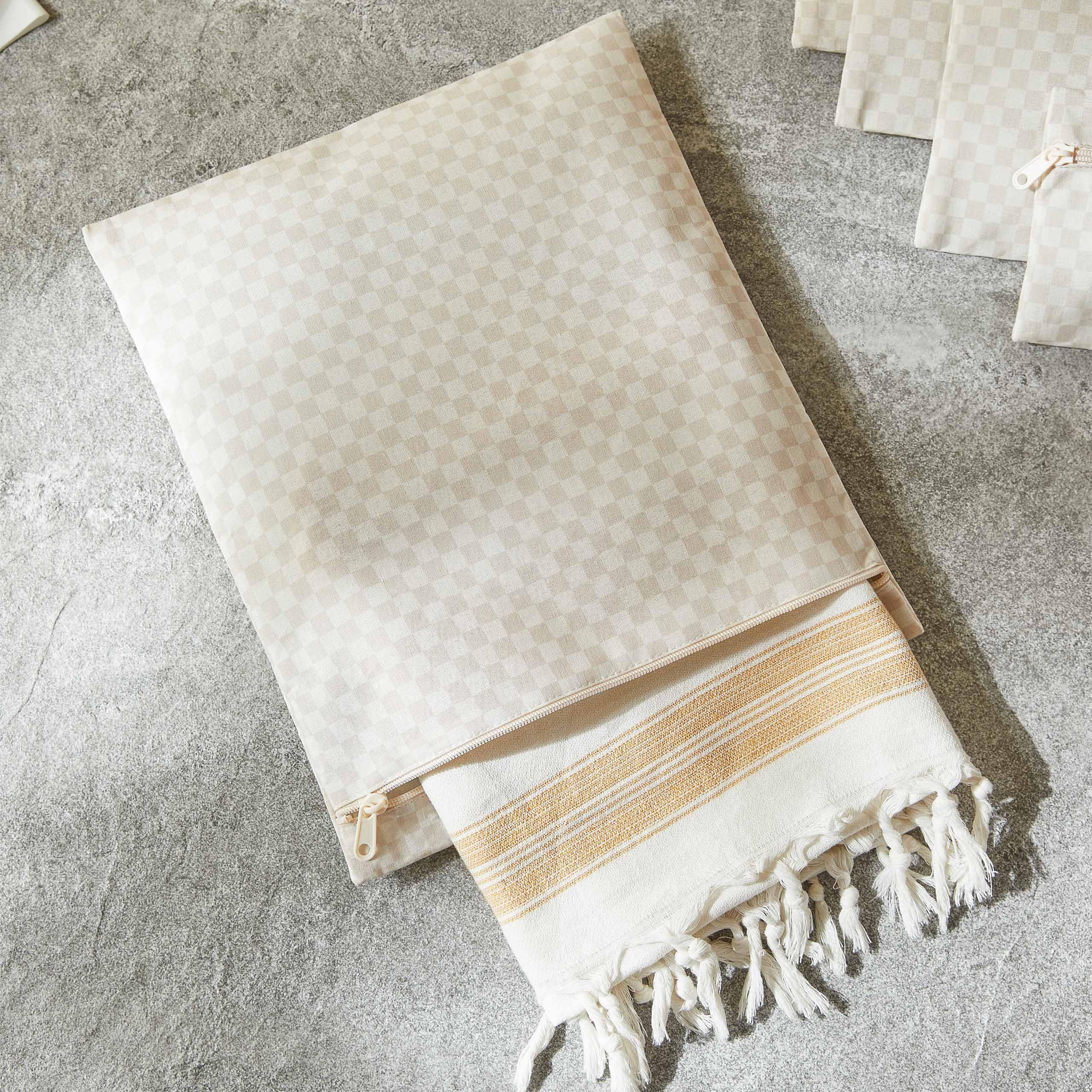 Ocean Home Textile 2'li Su Geçirmez Pvc Astarlı Bej Dama Desen Islak Kuru Çantası 28 x 30/30 x 36 cm