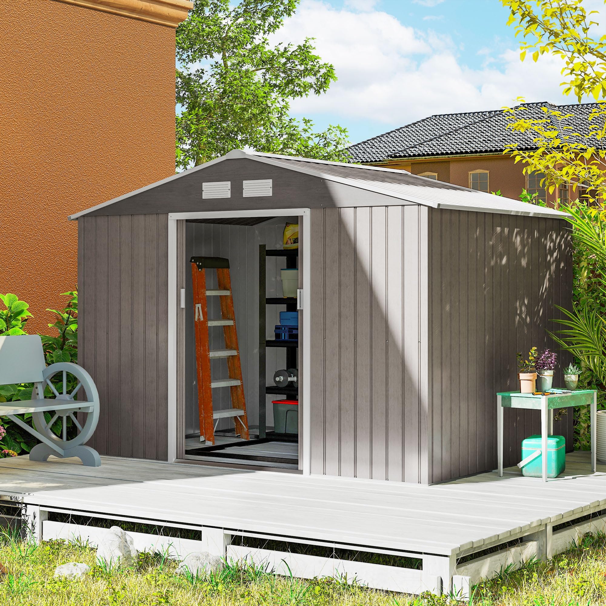 Outsunny 9' x 6' Outdoor Storage Shed, Garden Tool Metal Shed with Foundation Kit, Double Lockable Door, Air Vents and Sloping Roof, for Backyard, Patio, Lawn, Light Brown