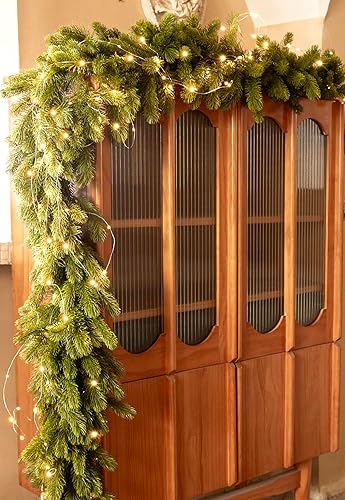 Miniatura 4 de PARTY JOY Guirnalda de pino de Navidad de 6 pies con cadena de luces LED de 9.8 pies, planta verde para decoraciones de Navidad, mantel de mesa,