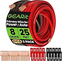 GearIT 8 Gauge CCA Battery Cable Kit - 50ft Black/Red Wire, 15 Heavy Duty Lugs, 20 Heat Shrink Tubing for Automotive Grounding