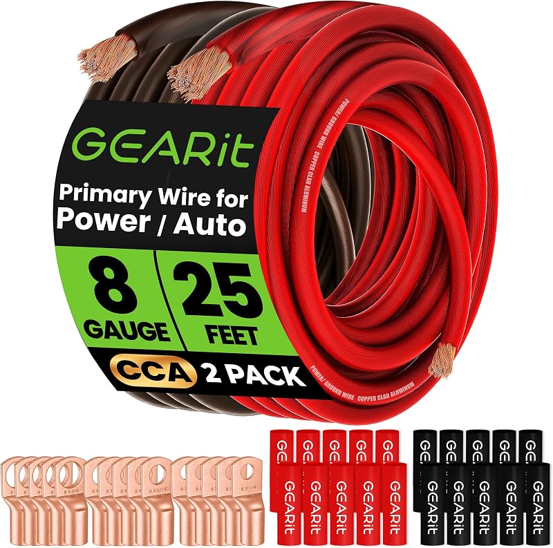 GEARit 8 Gauge Wire Kit, 25FT CCA Amp Battery Power Cable for Sub&Car Audio | 8 AWG CCA Power & Ground Wire, With 15 Lugs & 20 Heat Shrink Tubes for Car Audio(Black&Red)