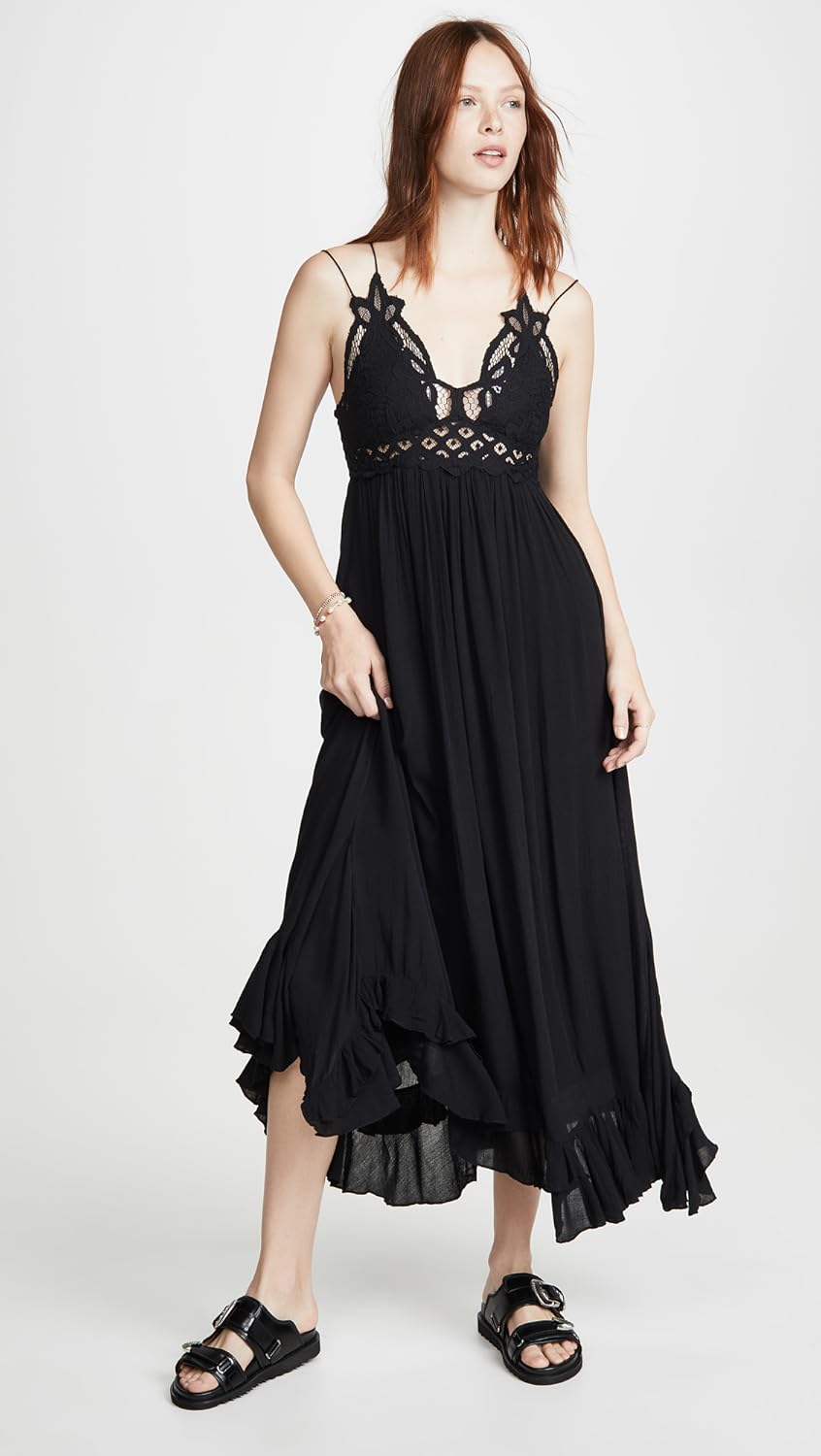 Free People Adella Sleeveless Maxi Slip Dress for Women - Plunging V-Neckline and Strappy Detail at Back with Adjustable Spaghetti Straps Black SM One Size