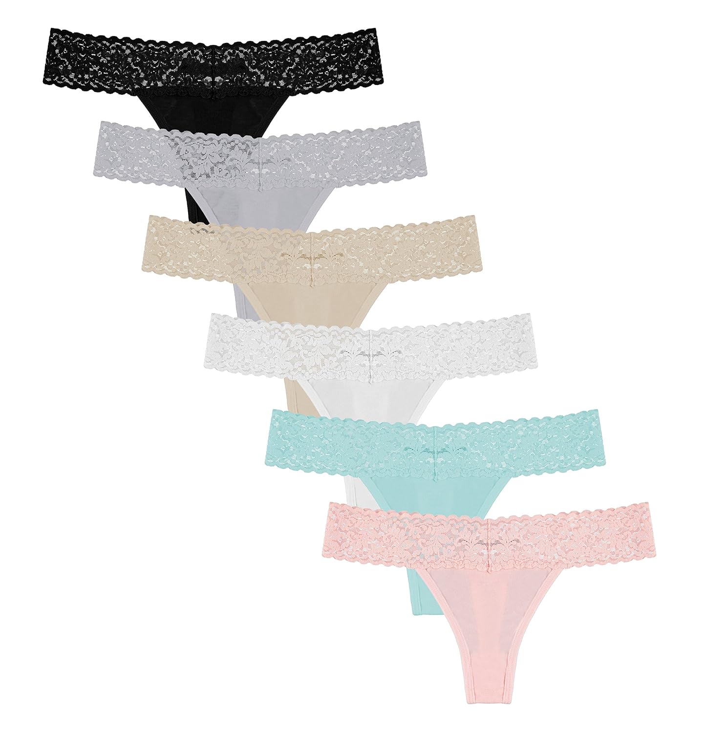 Free to Live 6 Pack Lace Cotton Thongs for Women Sexy Ladies Cheeky Underwear Low Rise Tanga Hipster