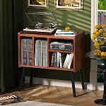 Record Player Table, Mid-Century Record Player Stand with Vinyl Storage Hold Up to 150+ Albums, Vinyl Record Cabinet with Adjustable Shelves, Wood Turntable Stand for Music Living Room, (Brown)