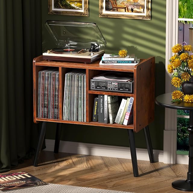 Record Player Table, Mid-Century Record Player Stand with Vinyl Storage Hold Up to 150+ Albums, Vinyl Record Cabinet with Adjustable Shelves, Wood Turntable Stand for Music Living Room, (Brown)