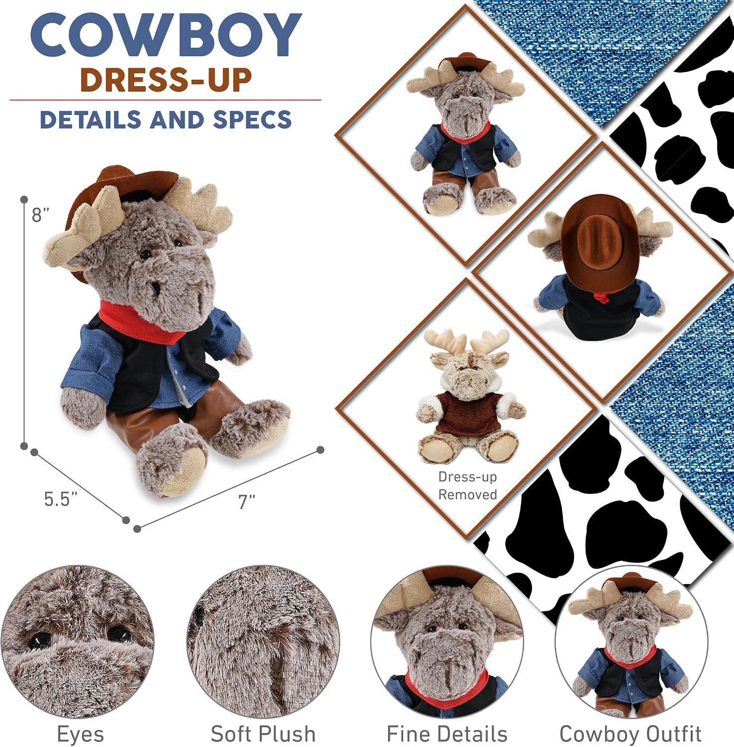 DolliBu Moose with Brown Hooded Sweater Stuffed Animal Cowboy Plush with Name Personalization - Western-Themed Plush with Cowboy Costume Denim Shirt Vest, Bandana, Leather Pants, and Hat - 8 Inches