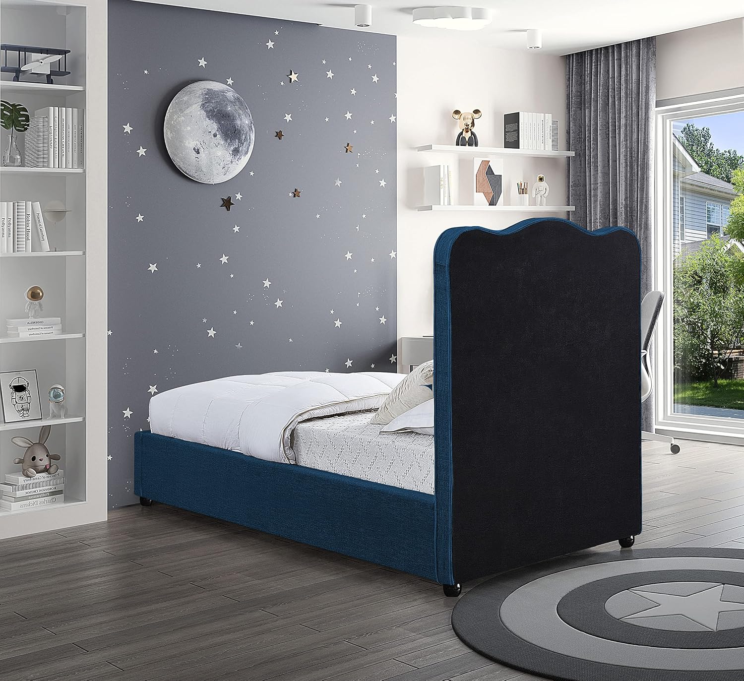 Meridian Furniture FelixNavy-T Felix Collection Modern | Contemporary Linen Textured Fabric Upholstered Bed with Curved Headboard and Espresso Wood Legs, 43.5" W x 81" D x 52.5" H, Navy, Twin