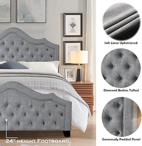 Miniatura 2 de Rosevera Noblesville - Marco de cama tapizado de lino para dormitorio marco de cama Queen fácil montaje Queen gris