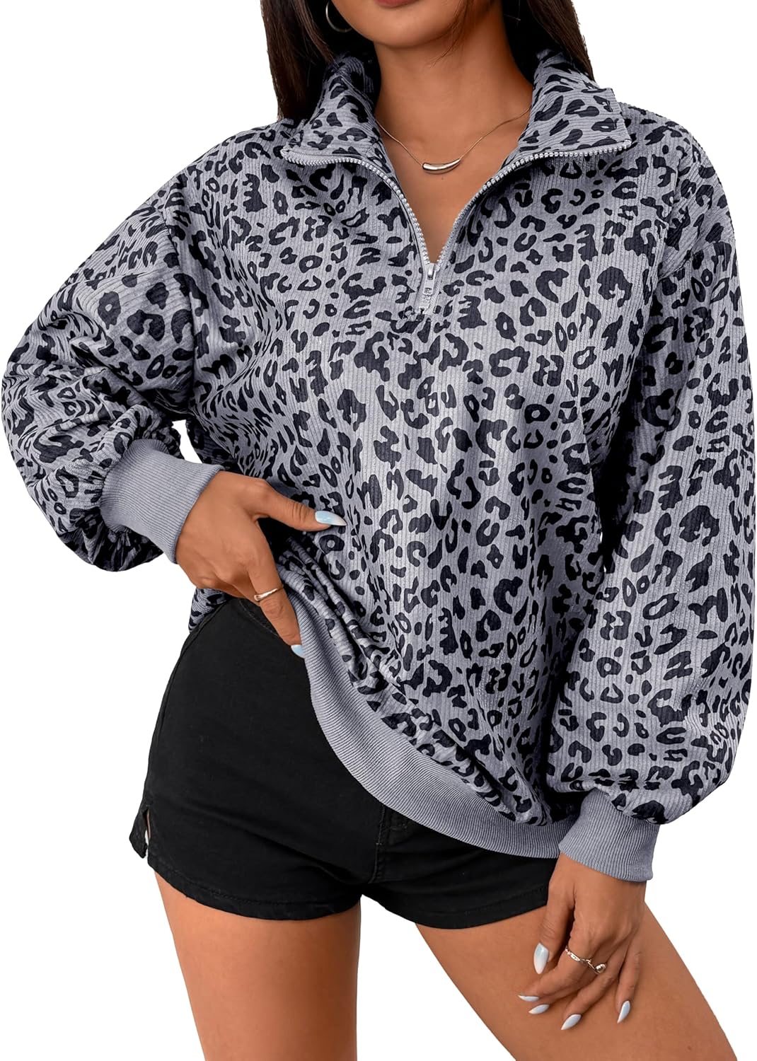 Hilinker Womens Cheetah Print Oversized Sweatshirt Half Zip Pullover Corduroy Long Sleeve Tops