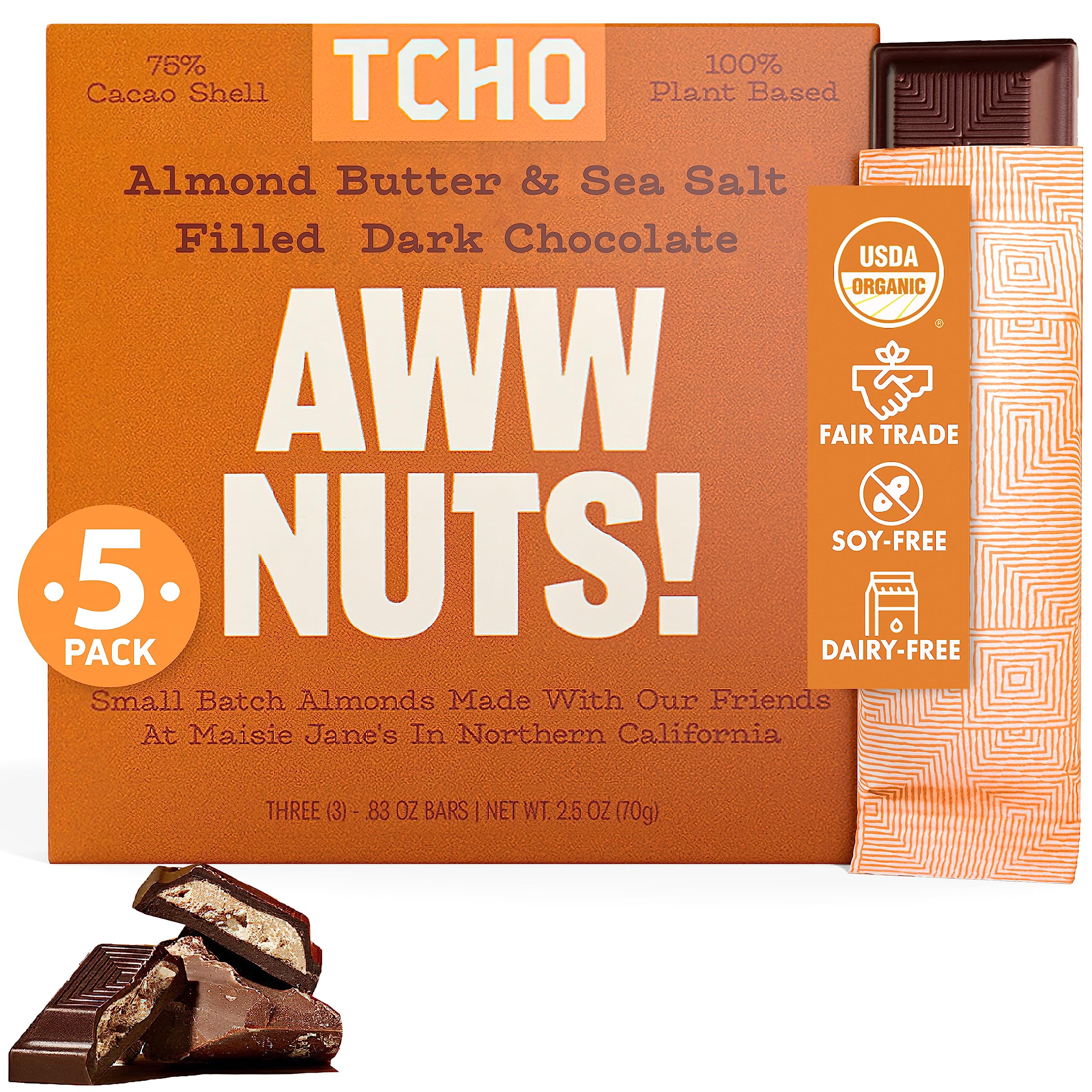 TCHO Aww Nuts! Dark Chocolate Bars (5 pack) | Single Origin, Plant Based, Organic & Fair Trade, | Non GMO, Non-Dairy, Vegan, Soy Free (2.5oz each)