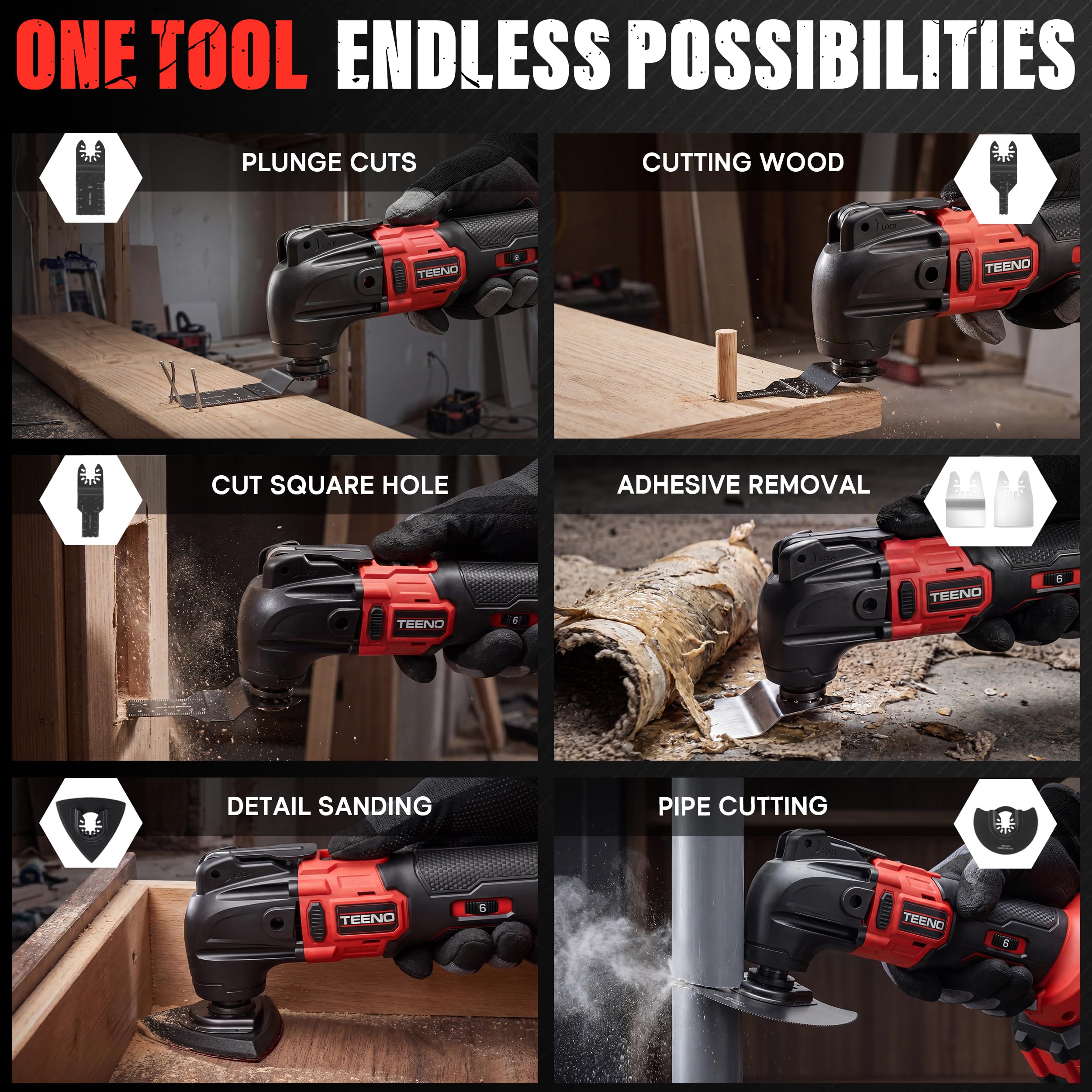 TEENO Outil Multifonction Oscillant Sans Fil 20V, Brushless Outil Multifonction Sans Fil, 6 Vitesses Variables, 8500-21000 tr/min, Chargeur, Angle Oscillant 4°, Pour Racler, Polir, Couper