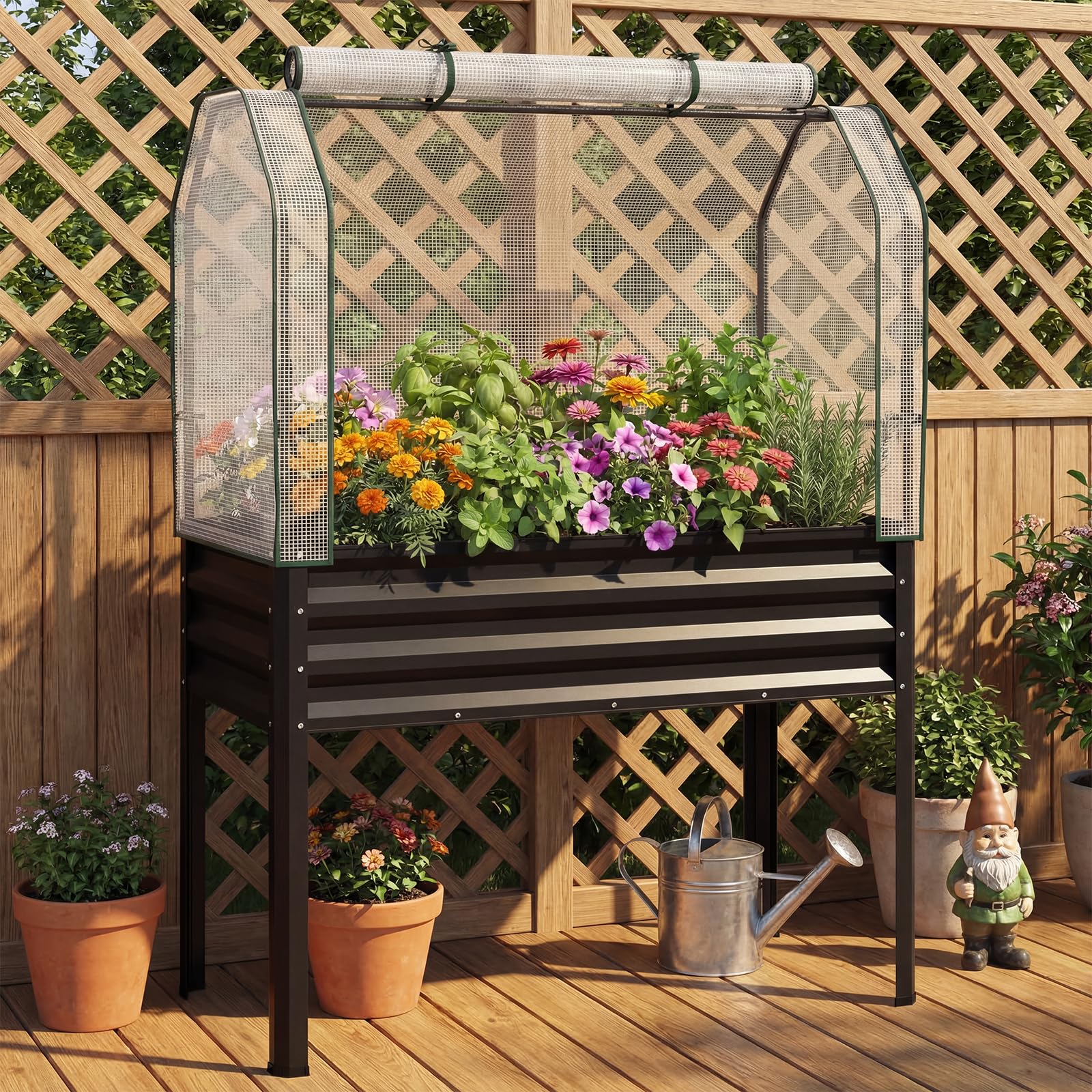 COSTWAY Jardinera Elevada con Invernadero, Cama de Jardín de Metal Galvanizado con Cubierta de Protección, Puerta Enrollable, Huerto Urbano Exterior para Patio, Terraza, Balcón (Negro)