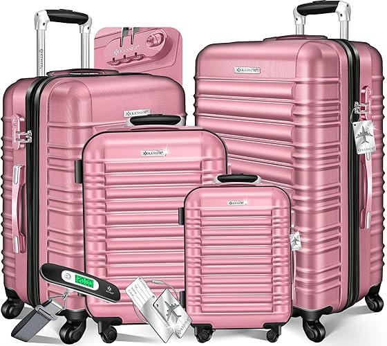 KESSER® 4tlg. Hartschalenkofferset Hartschalenkoffer Reisekoffer Set Reisekofferset Trolley Koffer 4 Rollen ABS-Hartschale Teleskopgriff Inkl. Kofferwaage + Gepäckanhänger Rollkoffer Schloss, S-M-L-XL - Rosa