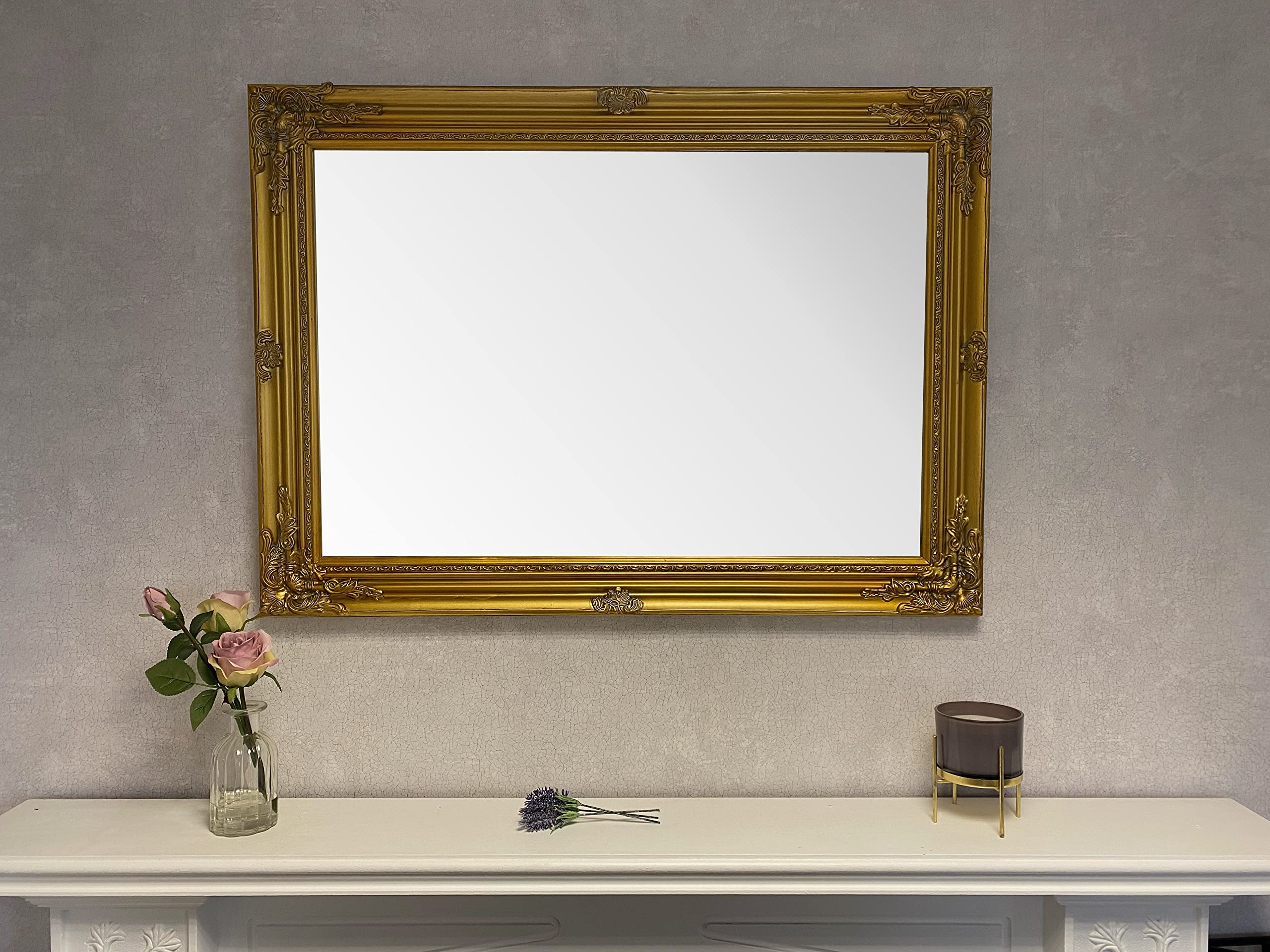 DOWNTON INTERIORSLarge Antique Gold Wood Frame Wall Mirror - Overall Size: 26 inches x 36 inches (65cm x 90cm)