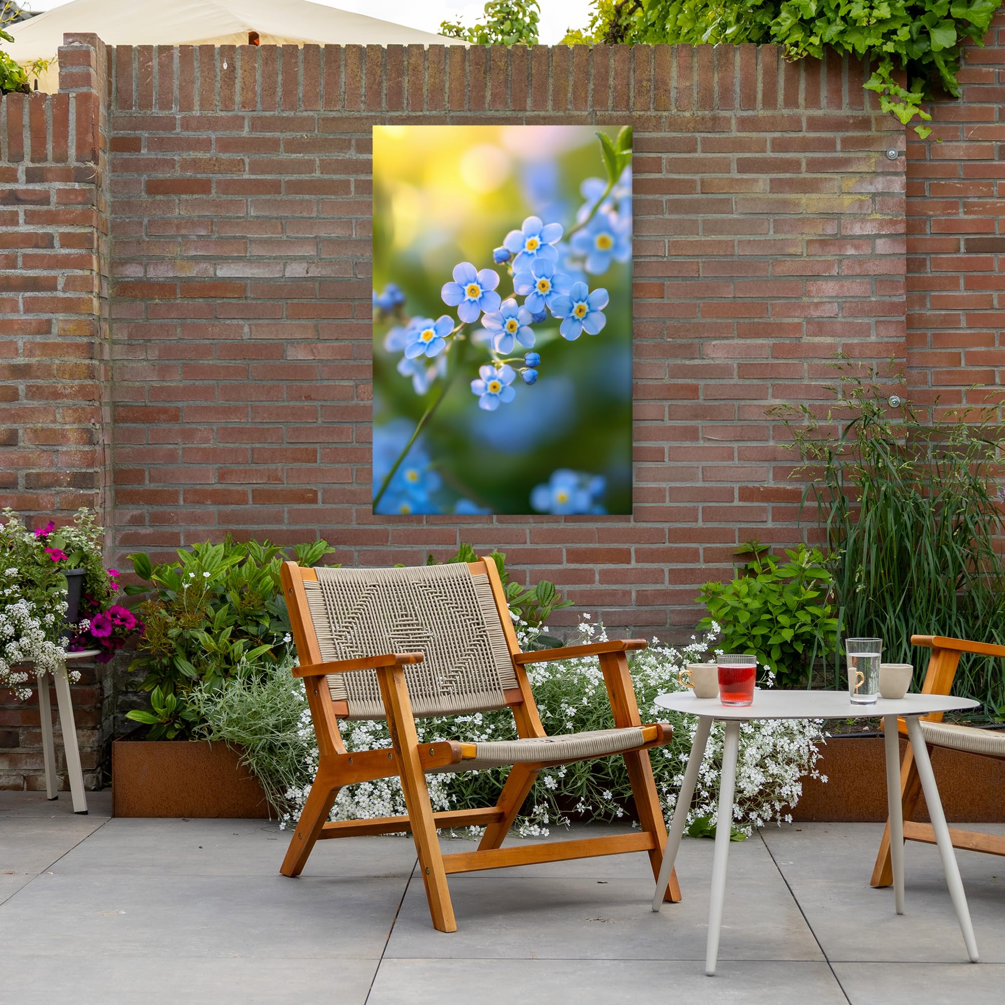 Gartenbild 80x120 cm Outdoor Deko Garten Leinwand Modern Wandbild Wetterfest Kunstdruck Terrasse Geschenke Draußen Blumen - Blau - Vergissmeinnicht