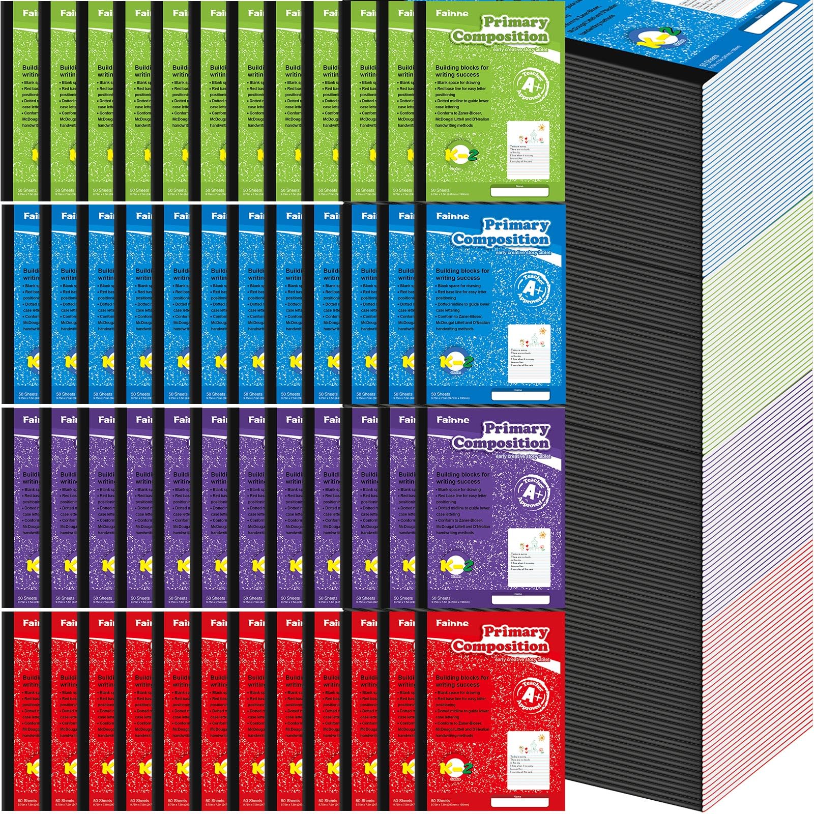 Fainne 50 paquetes de cuadernos de composición primaria, diario primario a granel, grado K-2, 9 3/4 x 7 1/2 pulgadas, libro de composiciones a rayas para niños para dibujar y escribir suministros