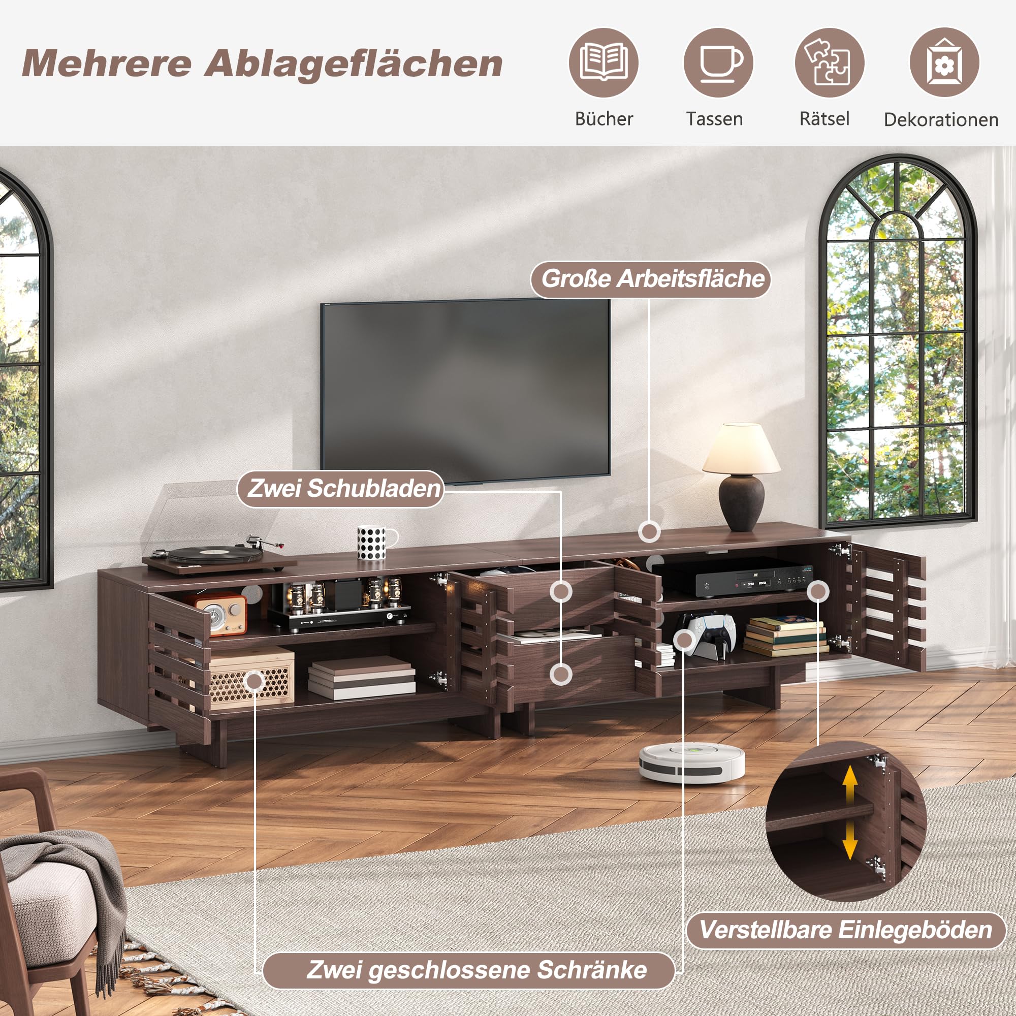 Armario para TV de 200 cm hasta 80 pulgadas, color nogal | 2 cajones, mueble bajo para TV de pie, con 6 compartimentos de almacenamiento, gestión de cables