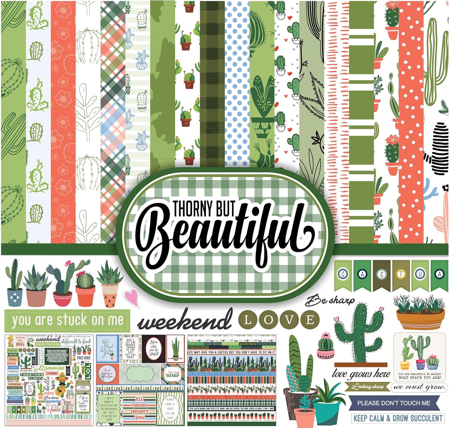 Cactus House Plant Theme Collection Double,Sided Scrapbook Paper Kit Cardstock 12"x12" Card Making Paper Pack of with Sticker Sheet - 16 Pages - Green