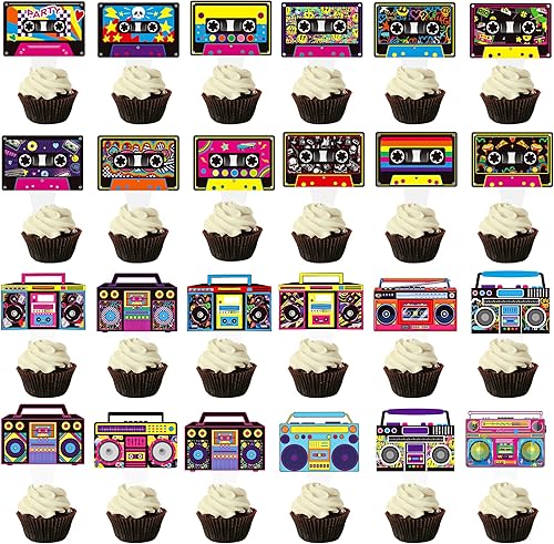 Cinta de casete para cupcakes, 48 piezas, caja boom, decoración de pastel de cumpleaños, 80, 90, fiesta musical, cupcakes, decoración de reproductor