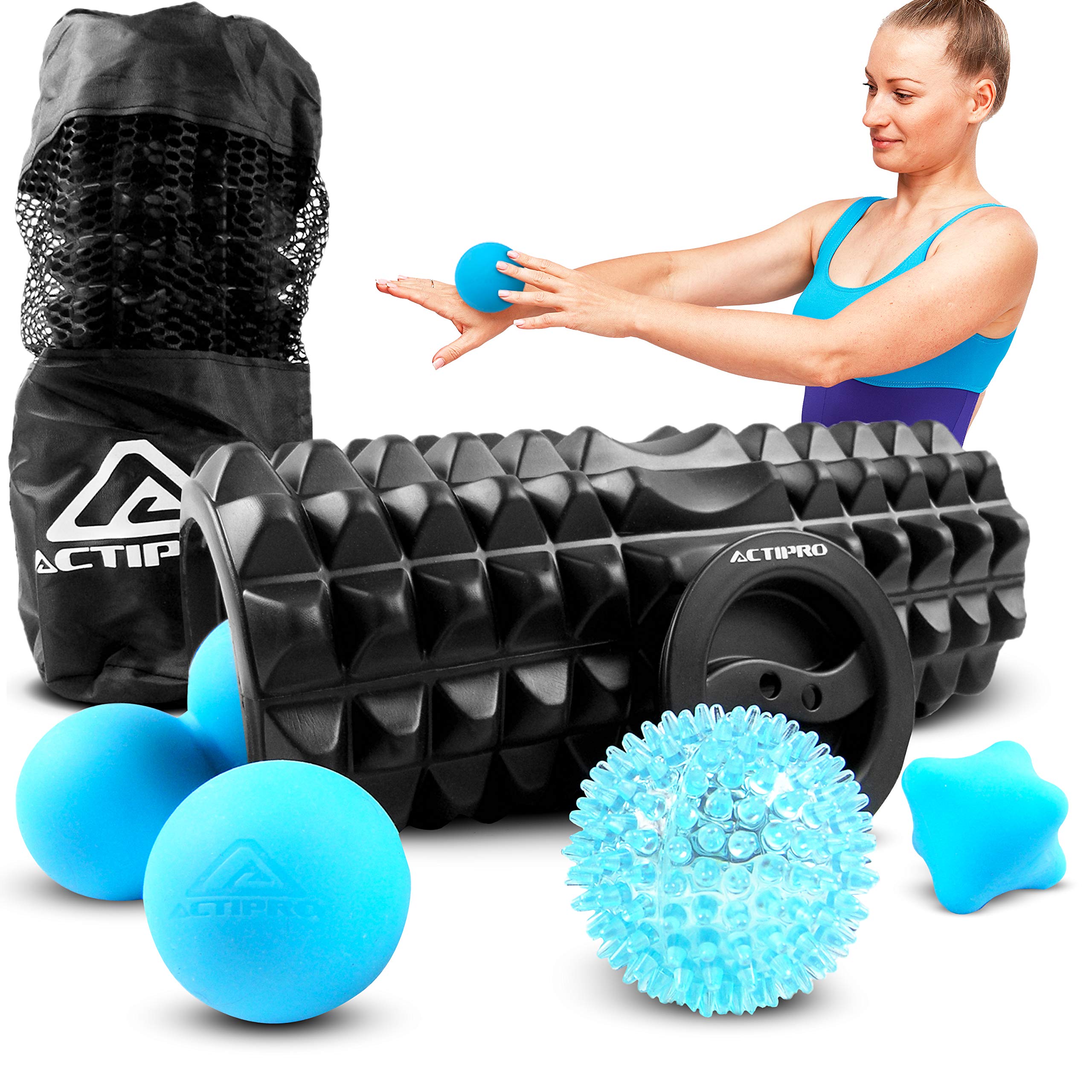 Actipro - Complete 5 Piece Foam Roller and Massage Ball Set. Includes Foam Roller, Spiky Ball, Lacrosse Ball, Peanut Roller & Hex Ball. Self-Myofascial Trigger Point Release. Whole Body Massage.