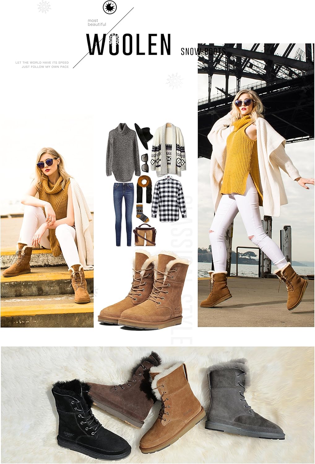 AU&MU Aumu Womens Shearling Leather Sheepskin Classic Lace up Mid Calf Flat Fur Winter Snow Boots… - Image 5