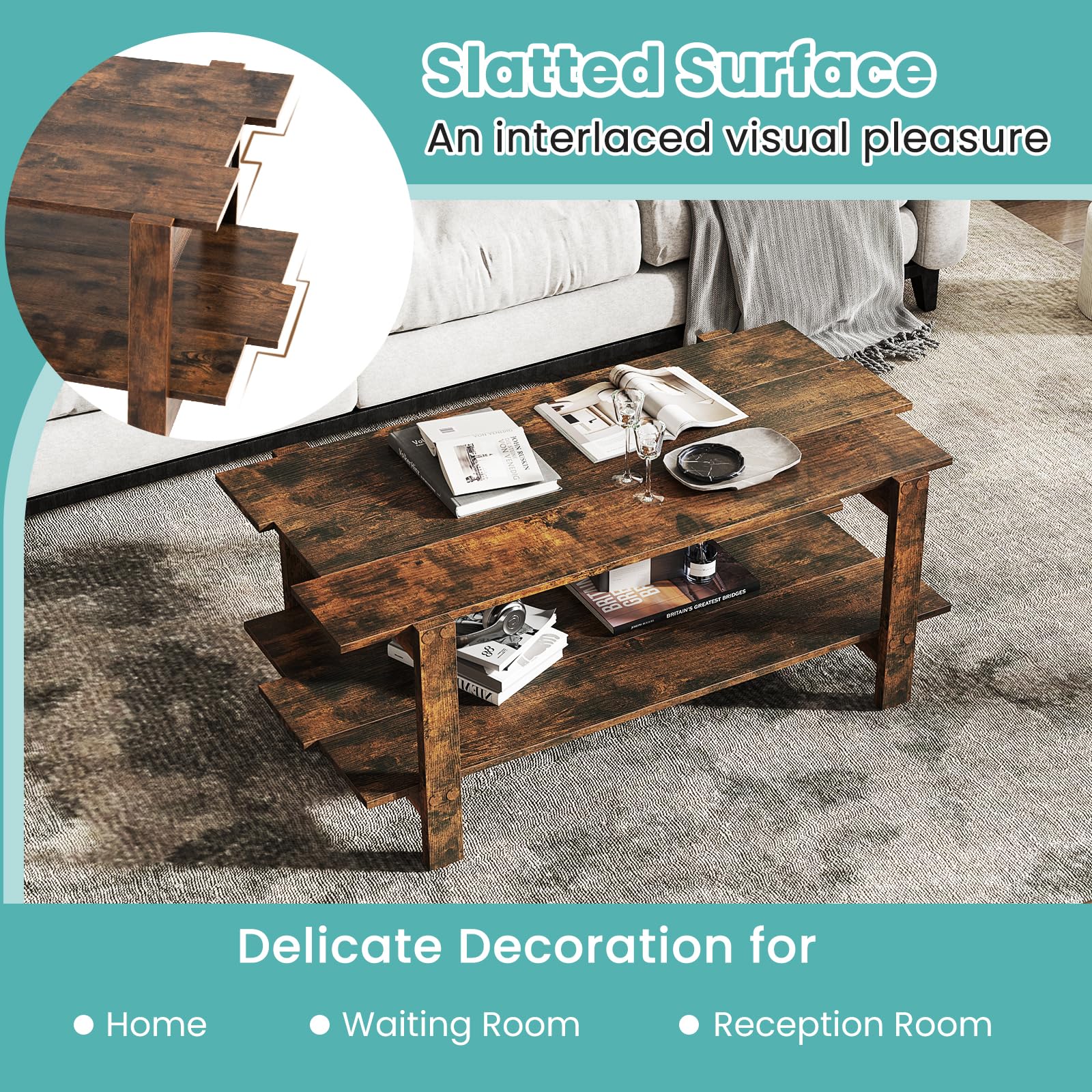 LIFEZEAL Tavolino Salotto a 2 Ripiani, in Legno, Tavolino da Caffè, da Soggiorno, Basso, Stile Industriale, Peso Max 120 kg, 115x59x46 cm, Montaggio Semplice, Marrone