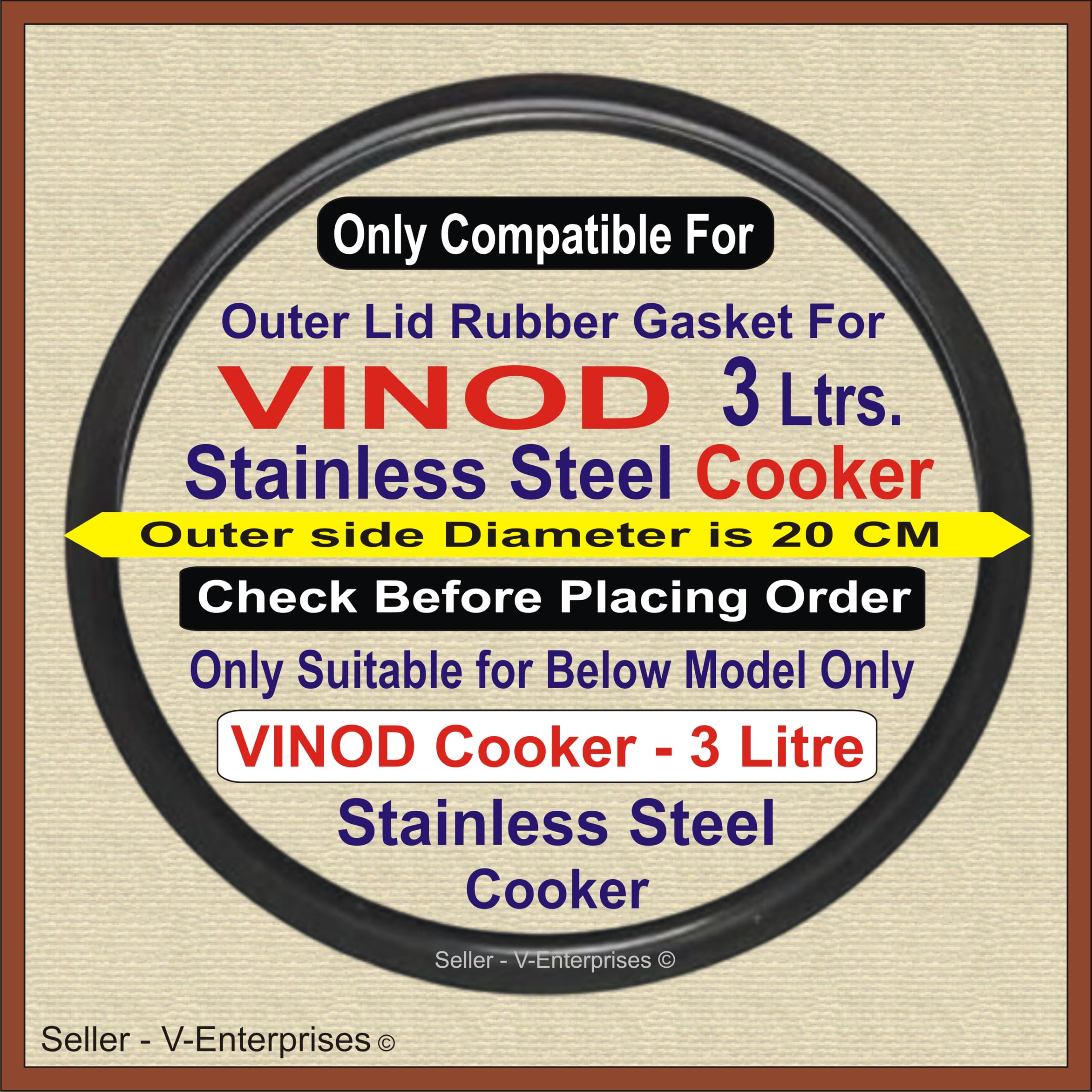 Outer Lid Rubber Gasket compatible for 3 Litre Vinod Stainless Steel Pressure Cooker. Outer Lid Dimeter is 20 cm (Packof 1) (Black Color)