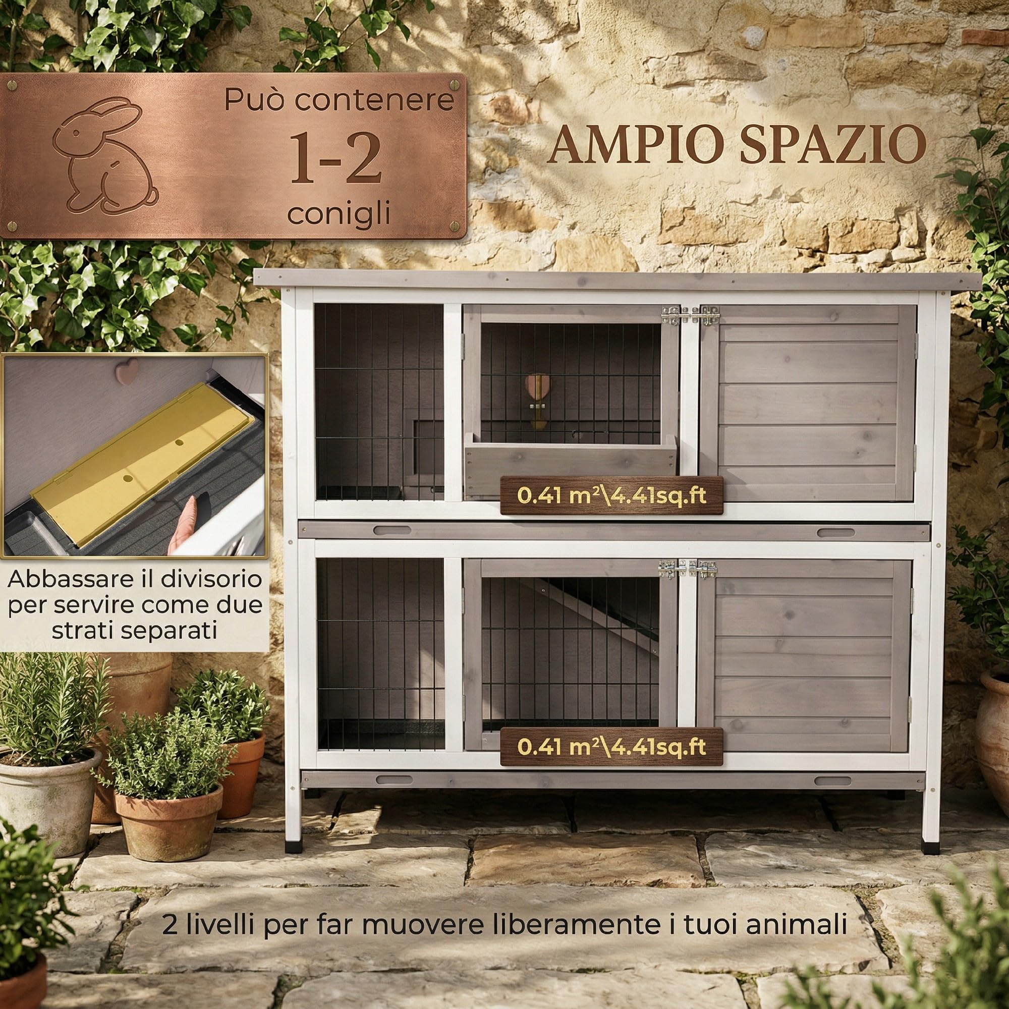 PawHut, Conigliera in Legno a 2 Livelli 122x50x101 cm Grigio Marrone | per Esterno e Interno, Gabbia per 1-2 Conigli, Tetto Apribile, Mangiatoia, Vassoi Removibili, Rampa, Porte con Chiusura