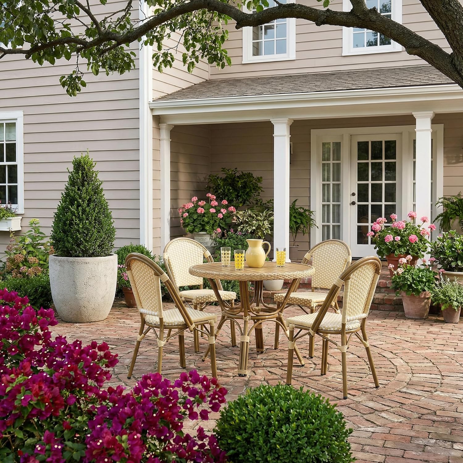 PURPLE LEAF Outdoor Dining Chair Set of 4 Rattan Chairs for Garden Kitchen Porch Bamboo Print Finish Patio Chairs Cream Yellow French Bistro Chairs
