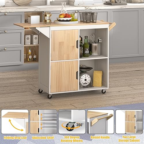 Miniatura 7 de Usinso Isla de cocina rodante, gabinetes de almacenamiento de isla de cocina sobre ruedas con encimera de hojas caídas, estantes de mango, carrito