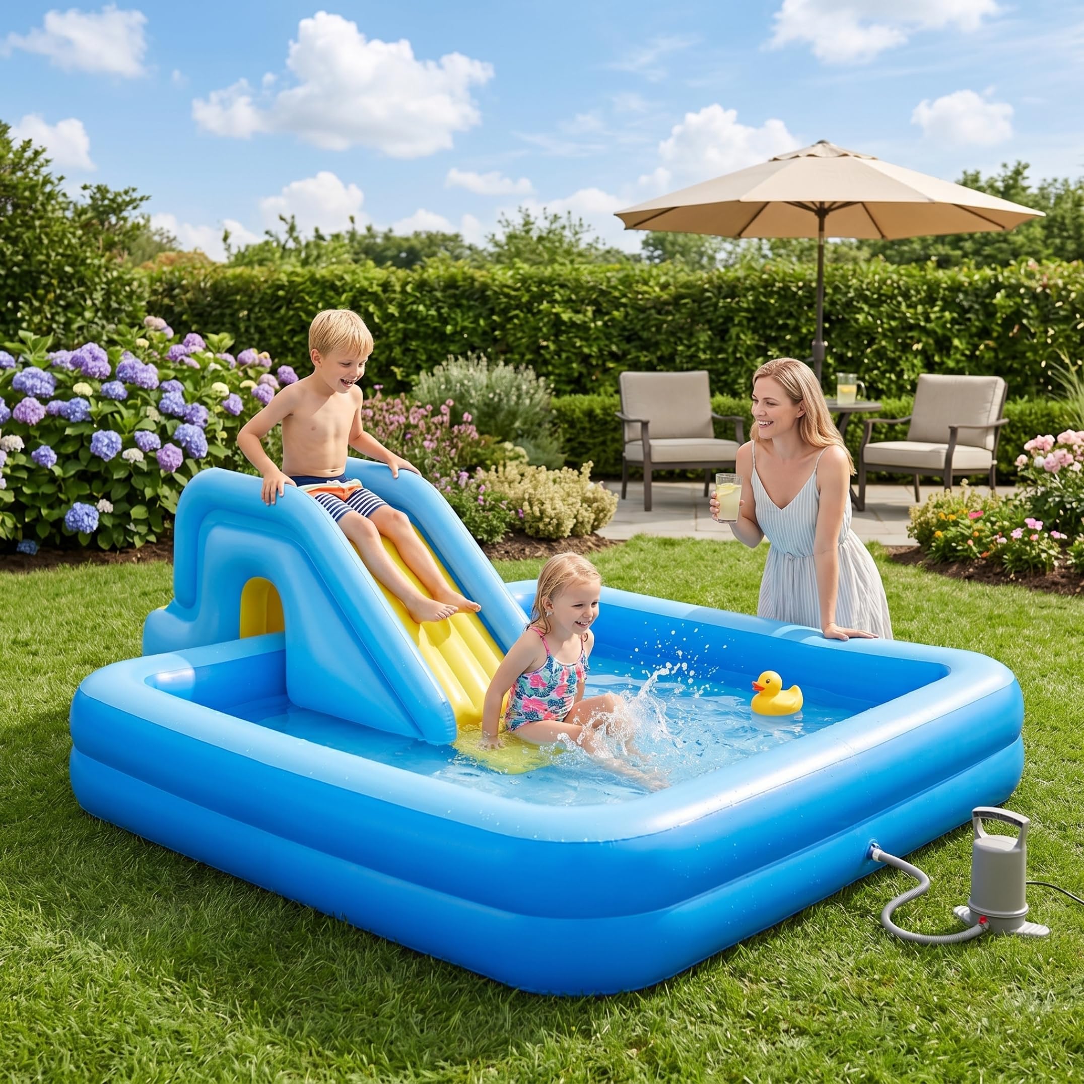 Tobogán de natación Inflable: Base Ancha Estable, con Bomba de pie, para Juegos en Interiores y Exteriores