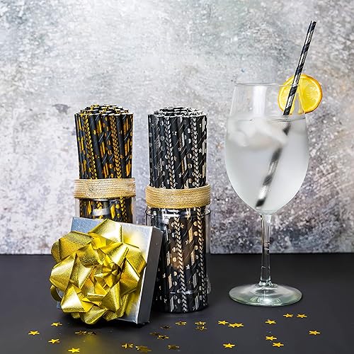 Miniatura 9 de Pajitas de papel negro a granel, 100 popotes metálicos de papel de aluminio, palitos decorativos de manzana de caramelo, pajitas desechables para
