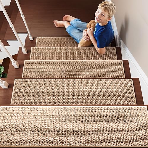 Miniatura 9 de PADOOR Peldaños de escalera antideslizantes, con respaldo de goma para peldaños de madera, 7 alfombras sin residuos para niños y perros, 8 x 30