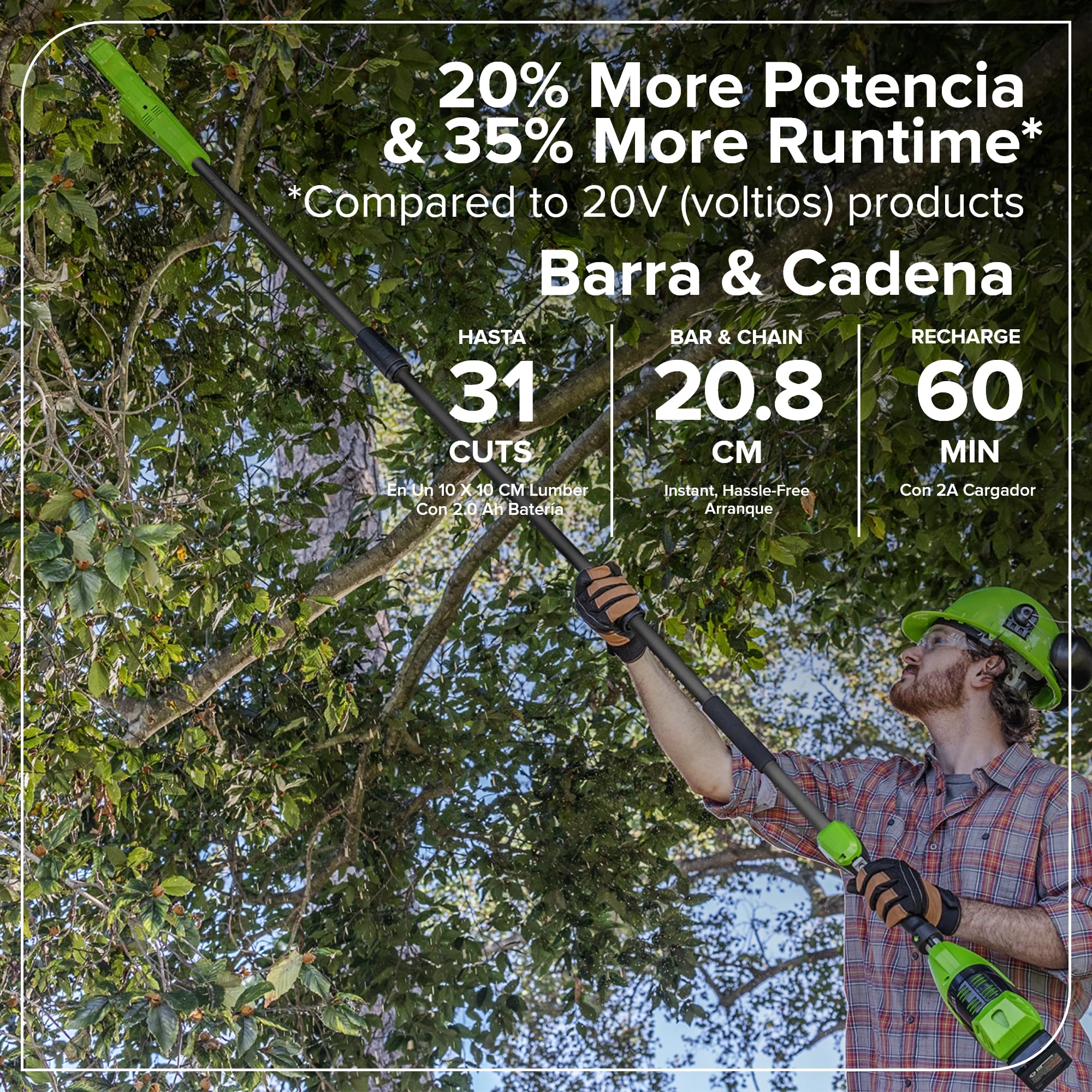 Greenworks Cortasetos + Sierra telescópica 2-en-1 24V con batería 4,0Ah & Cargador USB-C 65W, Motor brushless, Hoja 51 cm, Sierra 20 cm, Cabeza giratoria 112,5°, pértiga 3 Piezas CKPH321A2