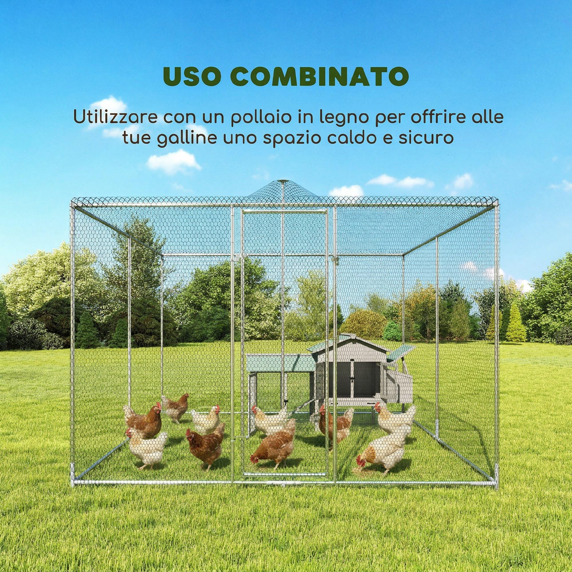 PawHut Pollaio per Galline da Esterno, 4x3x2 m 12m² Grande Recinto per 12-18 Galline in Acciaio Zincato con Porta e Doppi Serratura, Resistente, Gabbia per Polli, Piccoli Animali, Conigli, Anatre, Oca