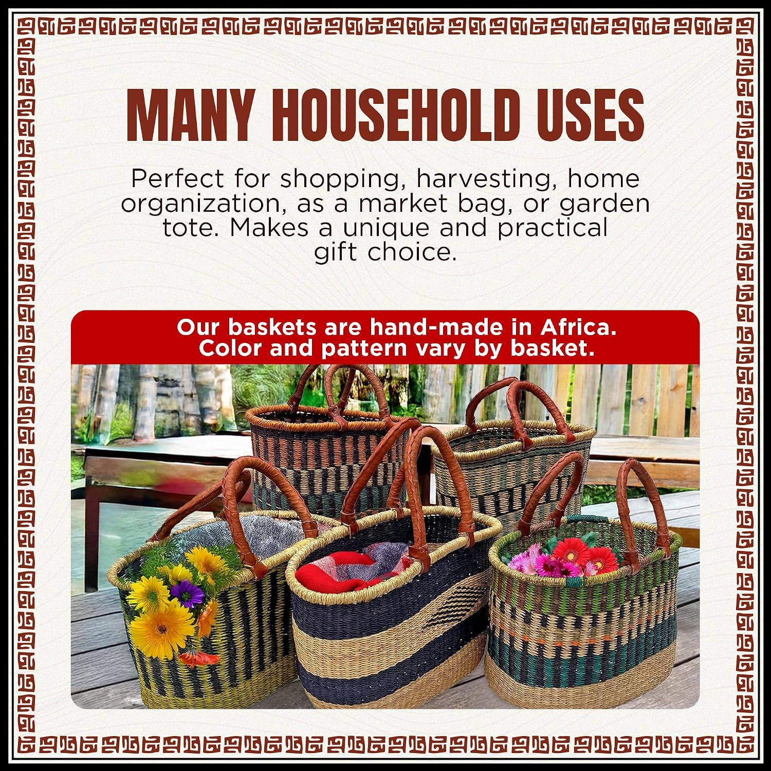 Africa Heartwood Project - Deluxe Large Oval Colorful African Basket with Leather Handle - Classic Heartwood Bolga Market Basket from Women in Bolgatanga, Ghana - 18" Oval Flat-packed