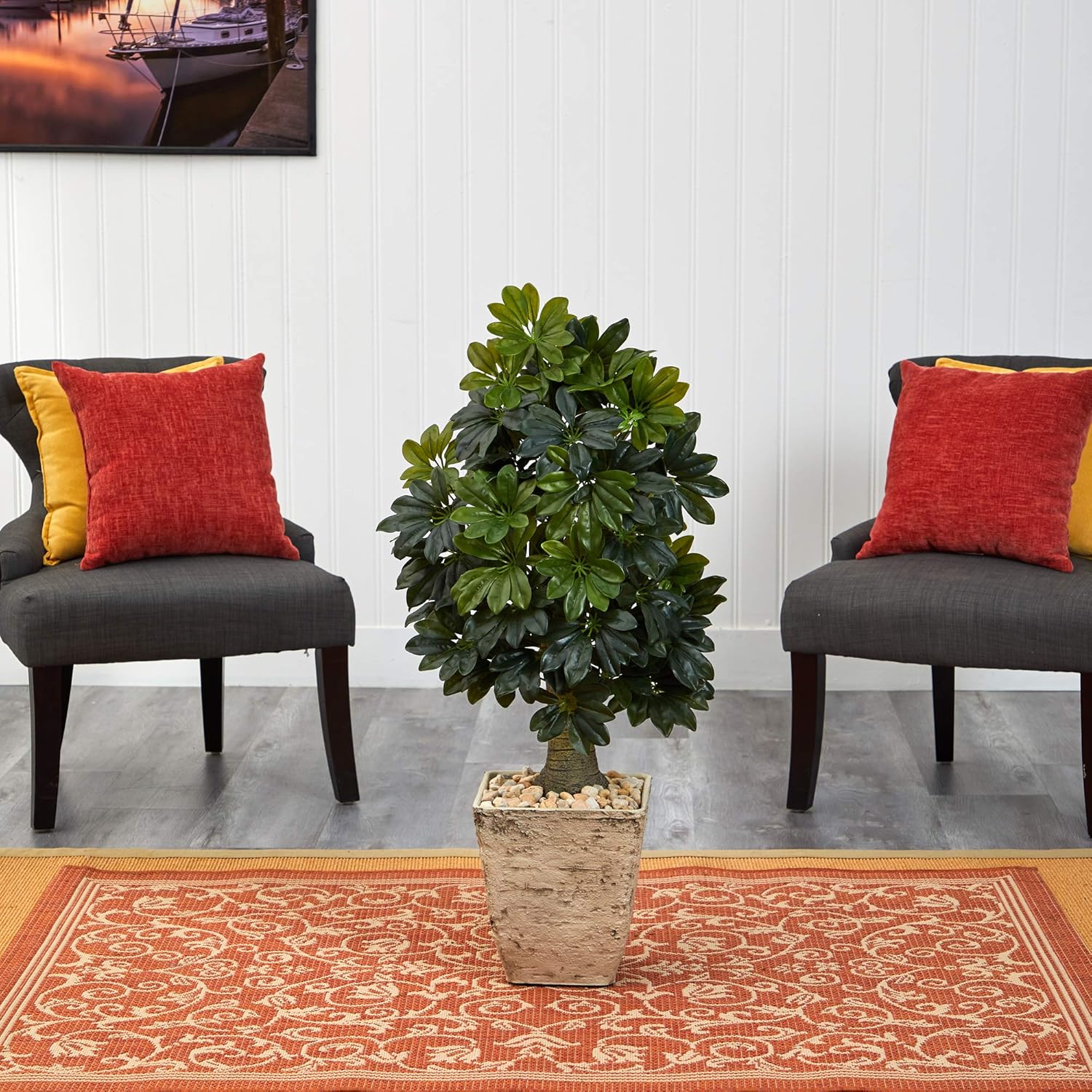 Nearly Natural 3.5ft. Schefflera Artificial Tree in Country White Planter (Real Touch)