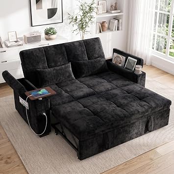Dreamzie 65 Convertible Sleeper Sofa Bed with Swivel Side Table, Chenille Pull Out Couch for Living Room, Loveseat Sleeper with Hidden Storage Space | Charging Port | Cup Holders, Black