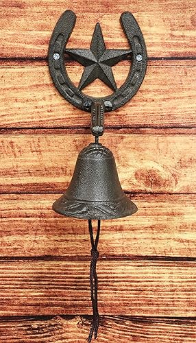 Miniatura 5 de Ebros Gift Campana de hierro fundido rústico vintage con estrella occidental para puerta, pared, cena, patio, campanas al aire libre, estilo
