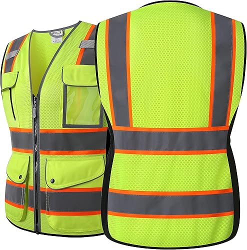 Miniatura 2 de HATAUNKI Chalecos de seguridad de malla amarilla reflectante de alta visibilidad con 9 bolsillos y cremallera frontal, chaleco de seguridad de alta
