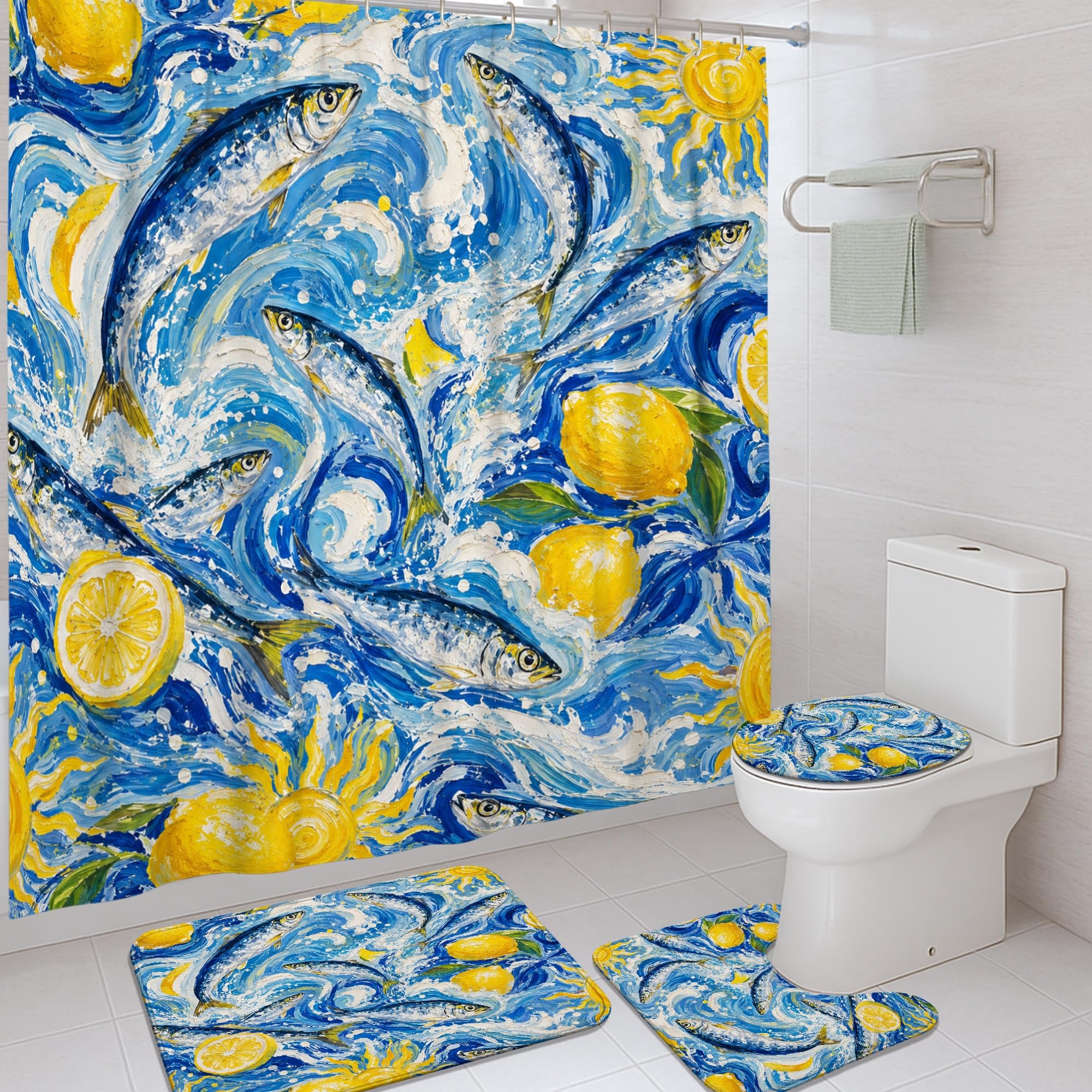 Rideau de douche poisson lavable motif vagues déco salle de bain et rideaux baignoire appartement