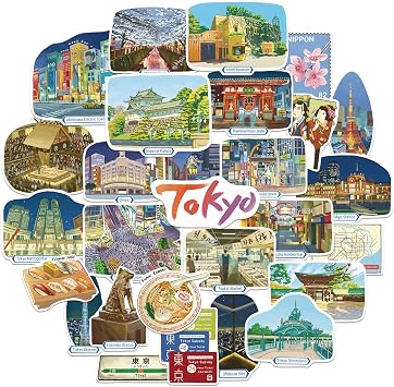 Navy Peony Buzzing Tokyo Travel Stickers 28pcs - Hand-Illustrated, Japan Night-Themed Vacation Decals for Journals, Scrapbooks, Luggage