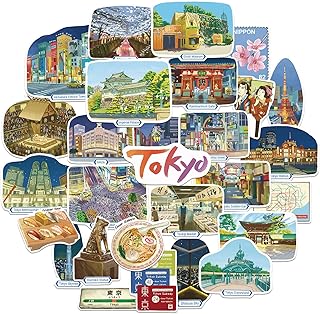 Navy Peony Buzzing Tokyo Travel Stickers (28pcs) - Hand-Illustrated, Japan Night-Themed Vacation Decals for Journals, Scrapbooks, Luggage