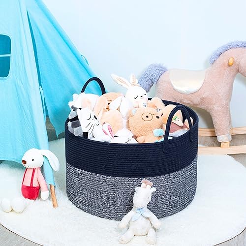 Miniatura 3 de MINTWOOD Design Cesta decorativa de cuerda de algodón tejida extragrande de 22 x 14 pulgadas, para sala de estar, con asas largas, cesta de