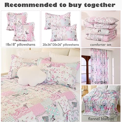 Miniatura 3 de Cmfshape Juego de ropa de cama floral de jardín, colcha acolchada reversible, juego de edredón de mariposa rosa, colcha reversible cosida con 2