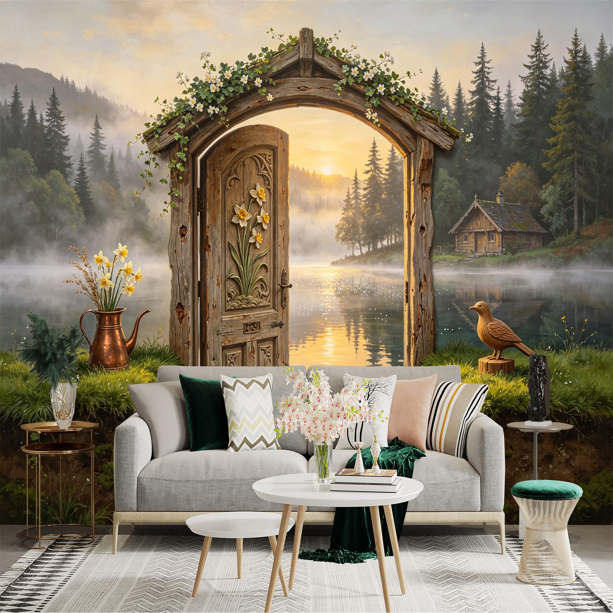 Custom Size Wall Sticker Mural， Rustic Wooden Door， Misty Lake， Forest Cabin， Sunrise Landscape， for wall Decoration， peelandstick wall Decals.