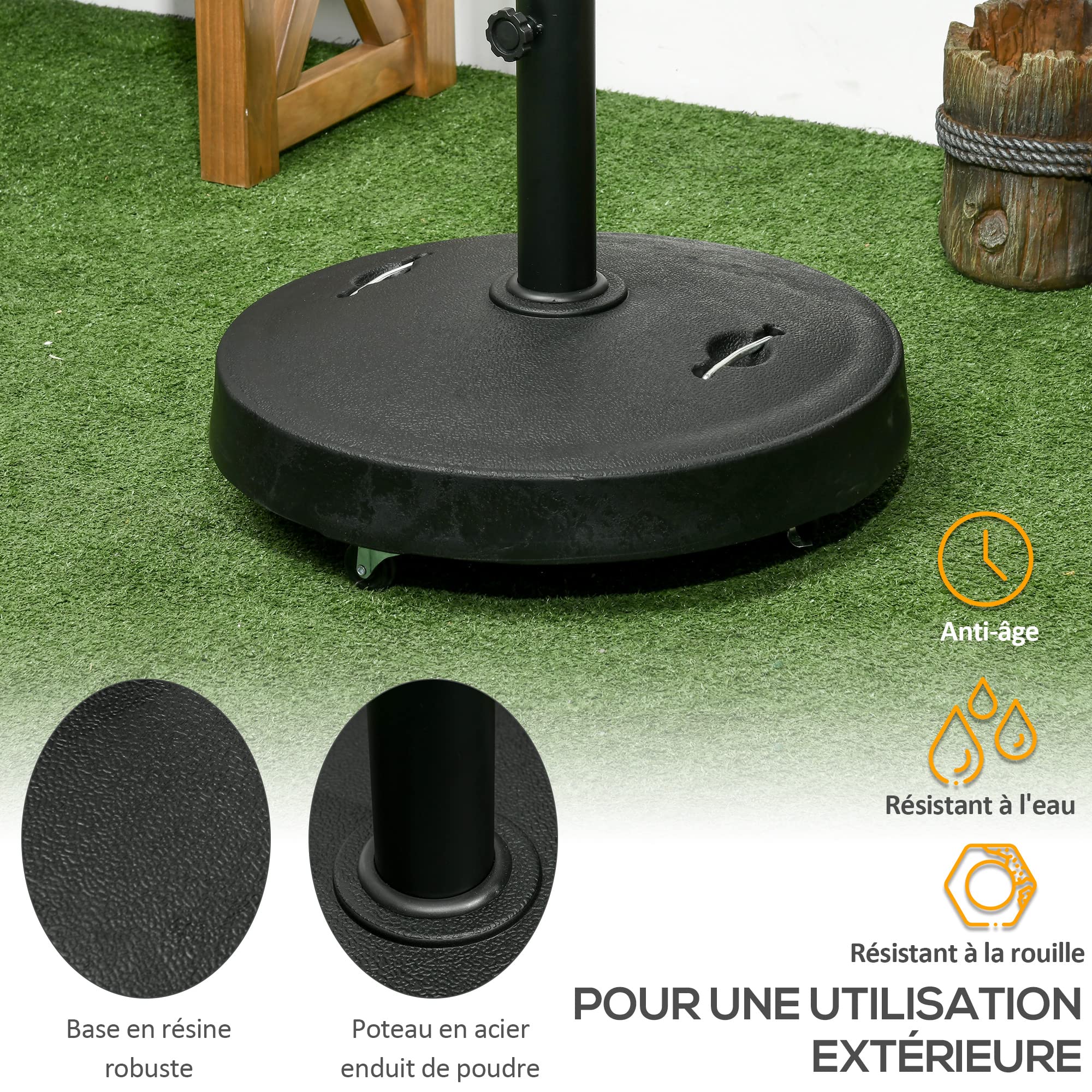 Outsunny Pied de Parasol Rond Base de Parasol de Jardin 25 KG avec roulettes et poignées rétractables en résine tressée Ø 53 x 41 cm Noir